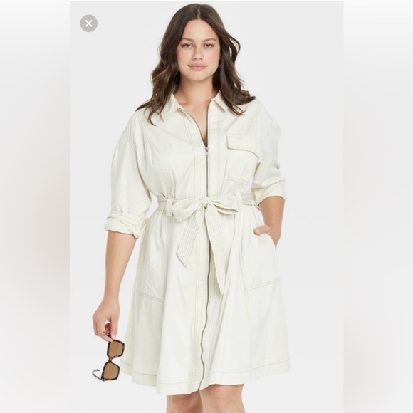 Pre loved Ava & Viv zip front cream long sleeve dress with tie 2X - Picture 1 of 7